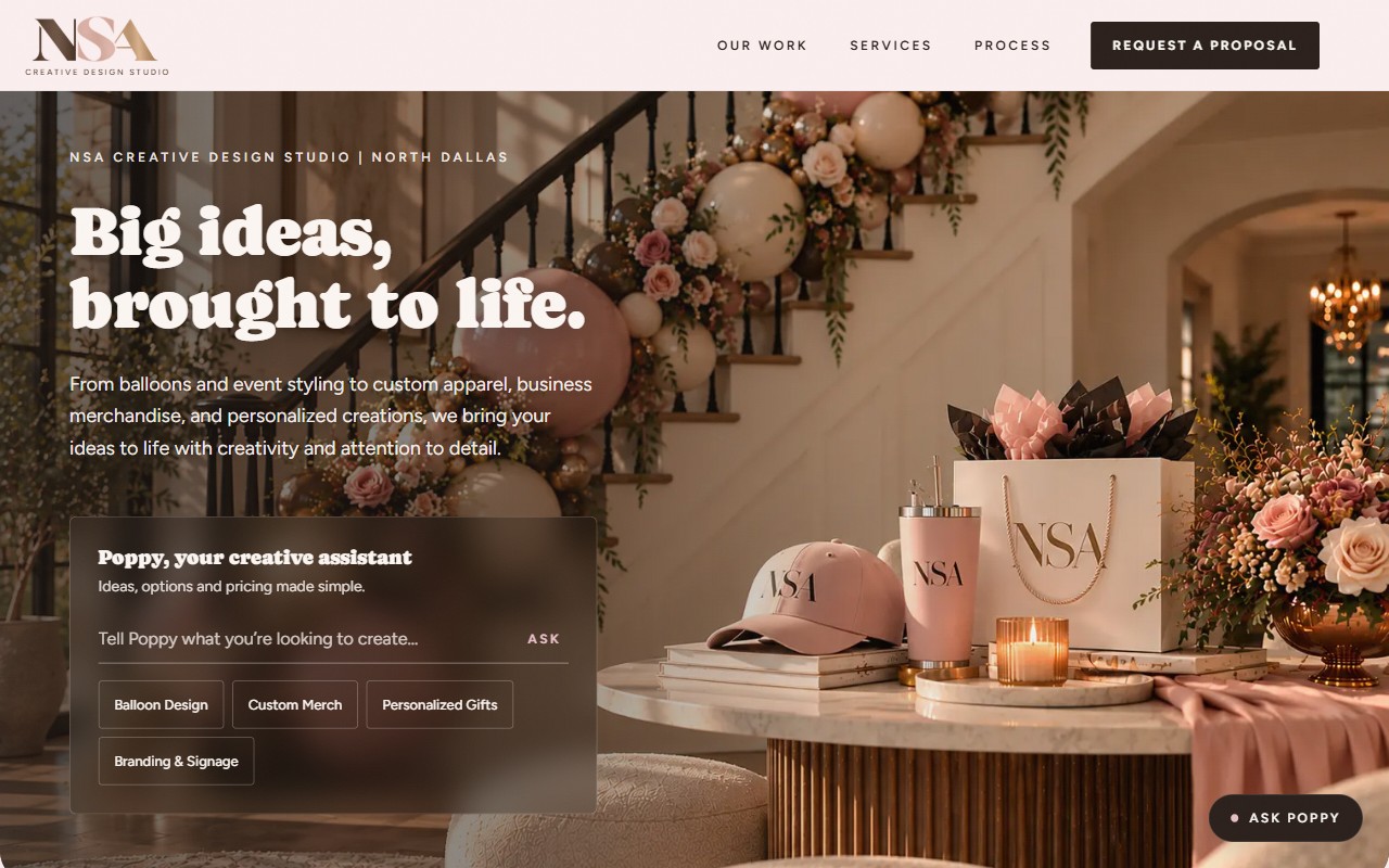 Screenshot of the live NSA Creative Design Studio site, with Poppy the creative assistant