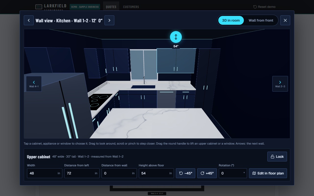 Screenshot of a 3D kitchen wall view with the selected cabinet's measurements below